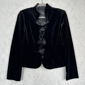 Xscape Velvet Ruffle Jacket Women 8 Black Victorian Goth Steampunk Witch Vampire